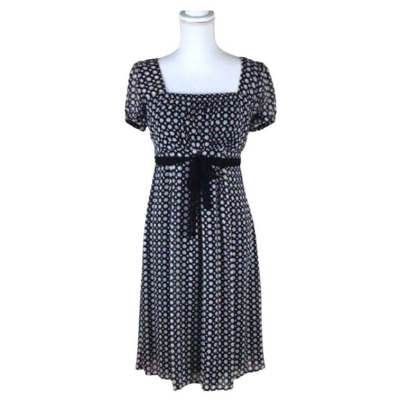 Polka Dot Empire Waist Dress Black Chiffon Sash Twee Romantic Vintage Size S - Picture 2 of 7